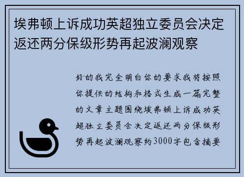 埃弗顿上诉成功英超独立委员会决定返还两分保级形势再起波澜观察